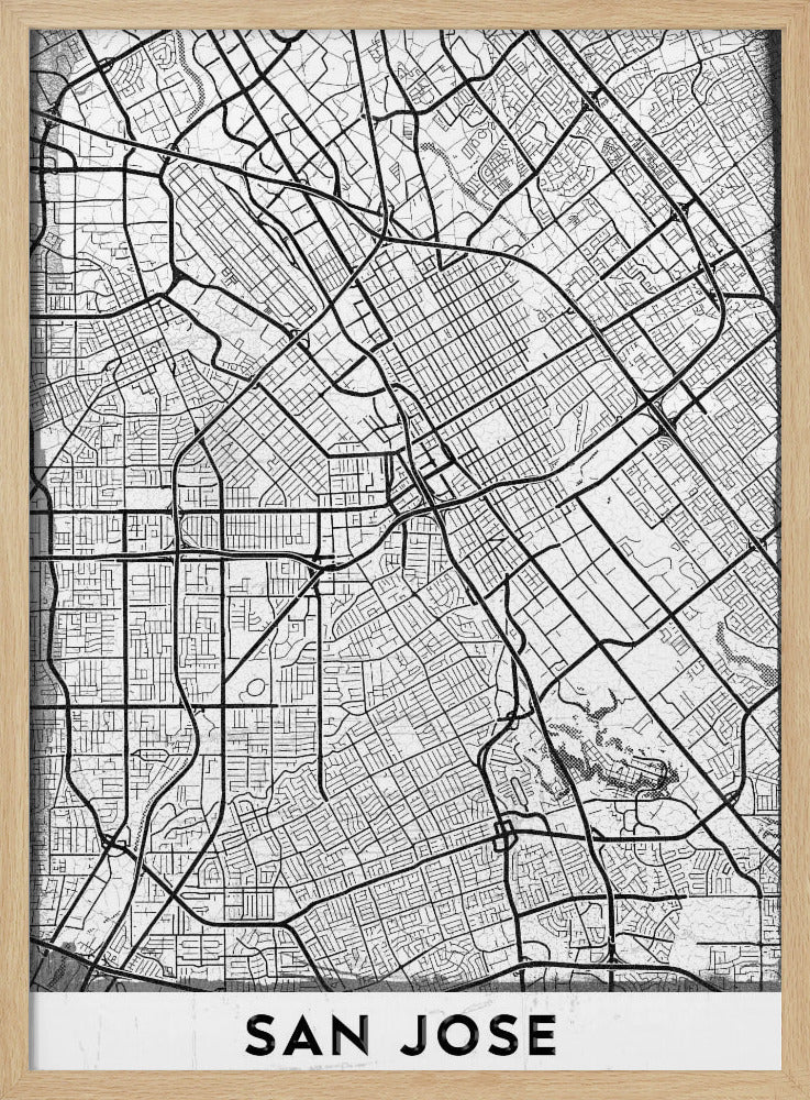 A minimalist black and white street map of San Jose, California, presented as a framed poster. The map details the city's grid, highways, and roads in black lines on a slightly textured white background. The text 'SAN JOSE' is written in a bold, black, sans-serif font at the bottom. Wall Art