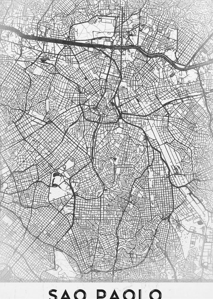 A minimalist black and white map of Sao Paolo, showcasing the intricate network of city streets and highways. The poster is enclosed in a simple black frame and features the city's name 'SAO PAOLO' in bold capital letters at the bottom. Artwork