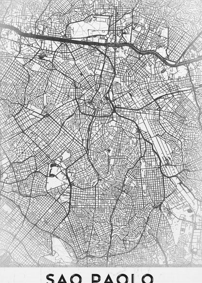 A minimalist black and white map of Sao Paolo, showcasing the intricate network of city streets and highways. The poster is enclosed in a simple black frame and features the city's name 'SAO PAOLO' in bold capital letters at the bottom. Artwork