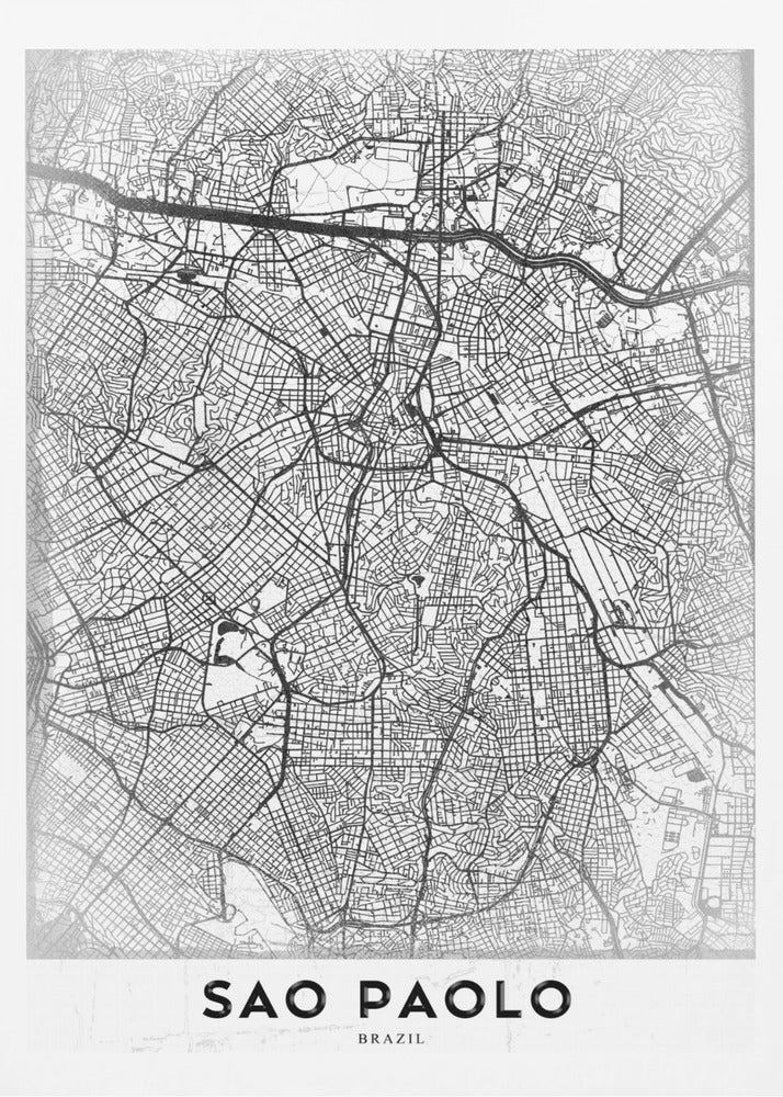 A minimalist black and white map of Sao Paolo, showcasing the intricate network of city streets and highways. The poster is enclosed in a simple black frame and features the city's name 'SAO PAOLO' in bold capital letters at the bottom. Artwork