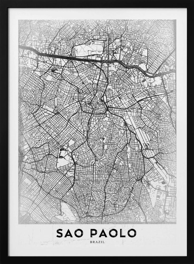 A minimalist black and white map of Sao Paolo, showcasing the intricate network of city streets and highways. The poster is enclosed in a simple black frame and features the city's name 'SAO PAOLO' in bold capital letters at the bottom. Artwork