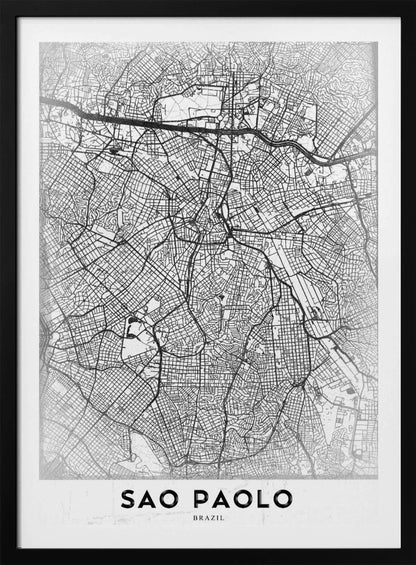 A minimalist black and white map of Sao Paolo, showcasing the intricate network of city streets and highways. The poster is enclosed in a simple black frame and features the city's name 'SAO PAOLO' in bold capital letters at the bottom. Artwork