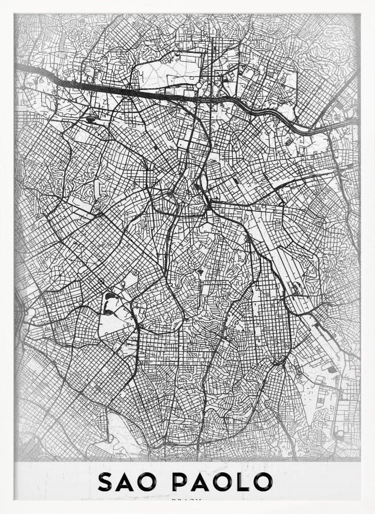 A minimalist black and white map of Sao Paolo, showcasing the intricate network of city streets and highways. The poster is enclosed in a simple black frame and features the city's name 'SAO PAOLO' in bold capital letters at the bottom. Artwork