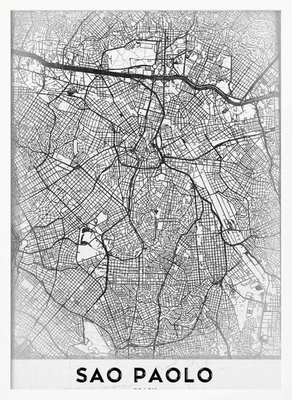 A minimalist black and white map of Sao Paolo, showcasing the intricate network of city streets and highways. The poster is enclosed in a simple black frame and features the city's name 'SAO PAOLO' in bold capital letters at the bottom. Artwork