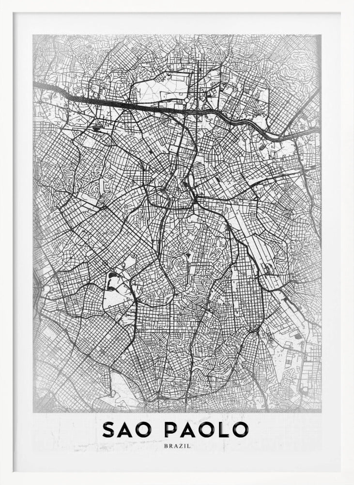 A minimalist black and white map of Sao Paolo, showcasing the intricate network of city streets and highways. The poster is enclosed in a simple black frame and features the city's name 'SAO PAOLO' in bold capital letters at the bottom. Artwork