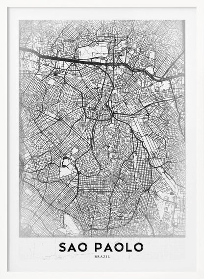 A minimalist black and white map of Sao Paolo, showcasing the intricate network of city streets and highways. The poster is enclosed in a simple black frame and features the city's name 'SAO PAOLO' in bold capital letters at the bottom. Artwork