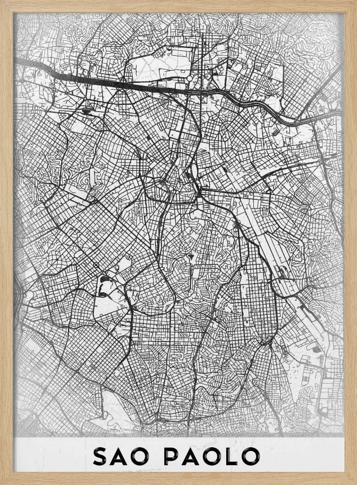 A minimalist black and white map of Sao Paolo, showcasing the intricate network of city streets and highways. The poster is enclosed in a simple black frame and features the city's name 'SAO PAOLO' in bold capital letters at the bottom. Artwork