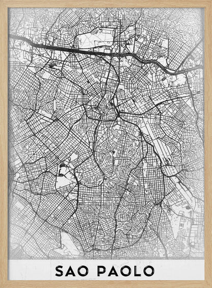 A minimalist black and white map of Sao Paolo, showcasing the intricate network of city streets and highways. The poster is enclosed in a simple black frame and features the city's name 'SAO PAOLO' in bold capital letters at the bottom. Artwork