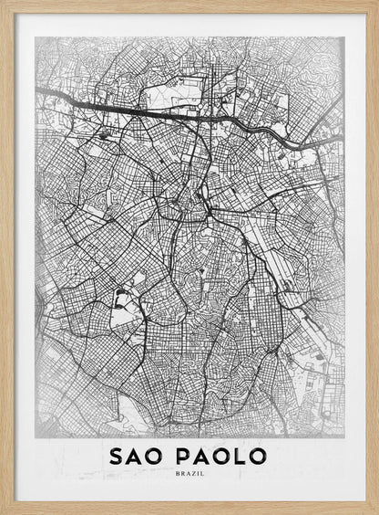A minimalist black and white map of Sao Paolo, showcasing the intricate network of city streets and highways. The poster is enclosed in a simple black frame and features the city's name 'SAO PAOLO' in bold capital letters at the bottom. Artwork