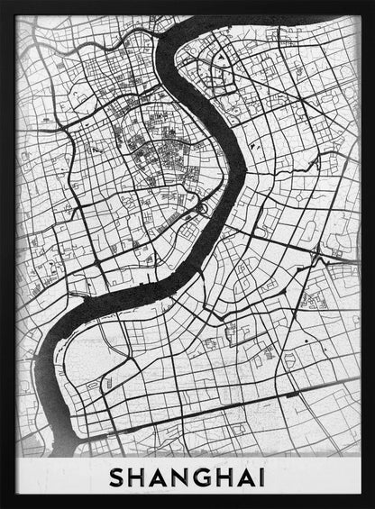 A minimalist black and white street map of Shanghai in a black frame. The map highlights the city's road network and the prominent Huangpu River, with the name 'SHANGHAI' printed at the bottom. Decor