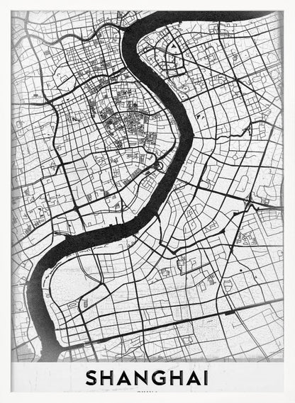 A minimalist black and white street map of Shanghai in a black frame. The map highlights the city's road network and the prominent Huangpu River, with the name 'SHANGHAI' printed at the bottom. Decor