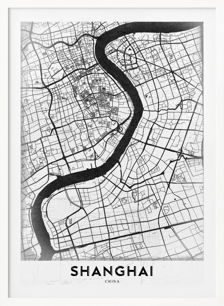 A minimalist black and white street map of Shanghai in a black frame. The map highlights the city's road network and the prominent Huangpu River, with the name 'SHANGHAI' printed at the bottom. Decor