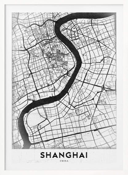 A minimalist black and white street map of Shanghai in a black frame. The map highlights the city's road network and the prominent Huangpu River, with the name 'SHANGHAI' printed at the bottom. Decor