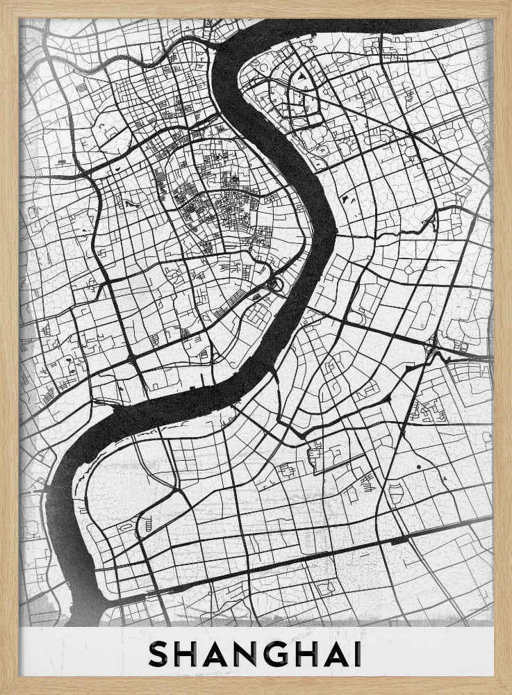A minimalist black and white street map of Shanghai in a black frame. The map highlights the city's road network and the prominent Huangpu River, with the name 'SHANGHAI' printed at the bottom. Decor
