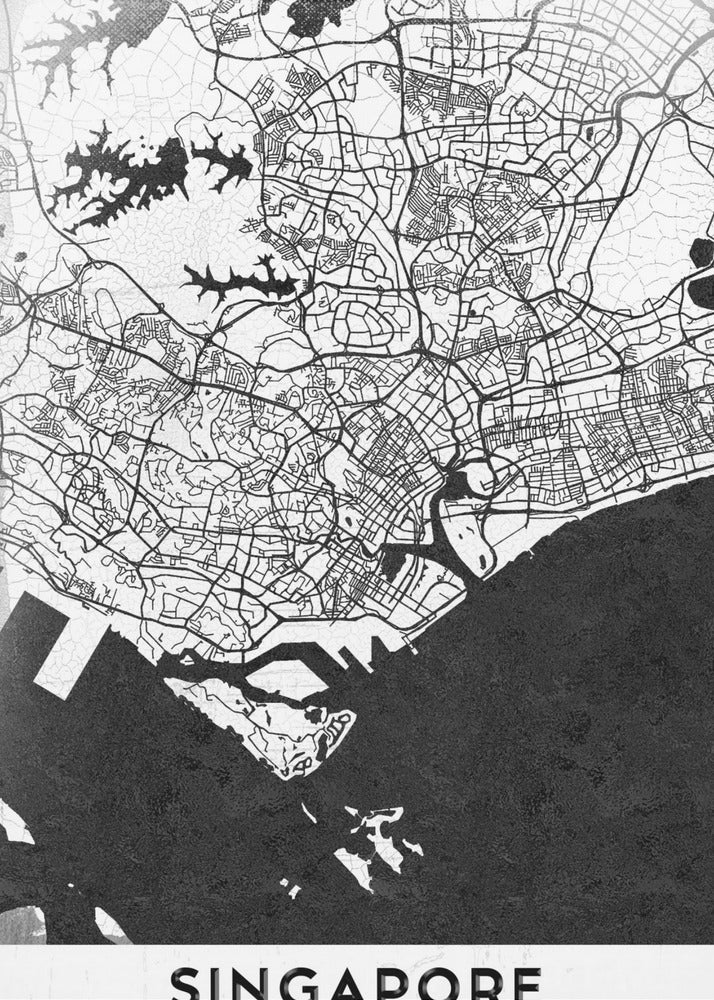 A framed, minimalist black and white art print of a map of Singapore. The land and road network are depicted in white with intricate black lines, while the surrounding water is a solid, textured black. At the bottom, the word 'SINGAPORE' is printed in black capital letters on a white banner. Decor