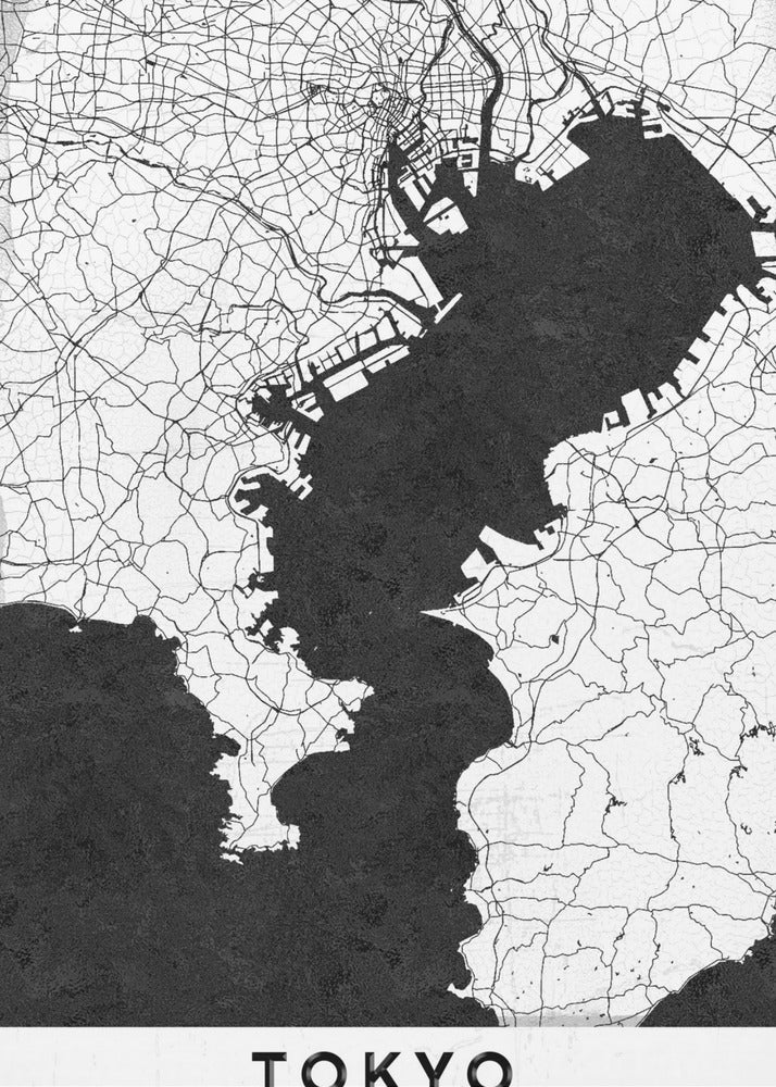 A minimalist black and white map of Tokyo, Japan, in a black frame. The map shows the city's road network in thin black lines on a white background, while Tokyo Bay and other water bodies are depicted in solid black. A white banner at the bottom contains the word 'TOKYO' in a clean, sans-serif font. Wall Art