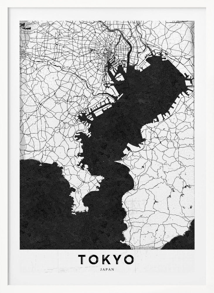 A minimalist black and white map of Tokyo, Japan, in a black frame. The map shows the city's road network in thin black lines on a white background, while Tokyo Bay and other water bodies are depicted in solid black. A white banner at the bottom contains the word 'TOKYO' in a clean, sans-serif font. Wall Art