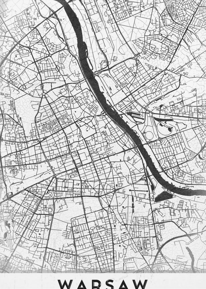 A minimalist black and white street map of Warsaw, Poland, displayed in a black frame. The map details the intricate network of roads and the Vistula River, with the city's name 'WARSAW' printed in a bold, black, sans-serif font at the bottom. Print