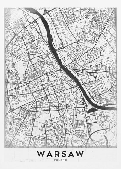 A minimalist black and white street map of Warsaw, Poland, displayed in a black frame. The map details the intricate network of roads and the Vistula River, with the city's name 'WARSAW' printed in a bold, black, sans-serif font at the bottom. Print