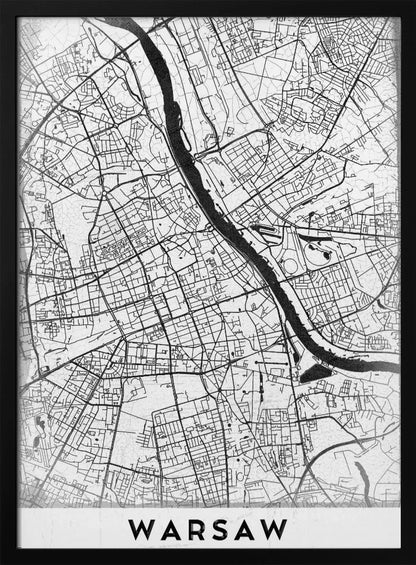 A minimalist black and white street map of Warsaw, Poland, displayed in a black frame. The map details the intricate network of roads and the Vistula River, with the city's name 'WARSAW' printed in a bold, black, sans-serif font at the bottom. Print