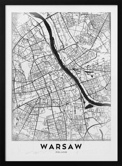 A minimalist black and white street map of Warsaw, Poland, displayed in a black frame. The map details the intricate network of roads and the Vistula River, with the city's name 'WARSAW' printed in a bold, black, sans-serif font at the bottom. Print