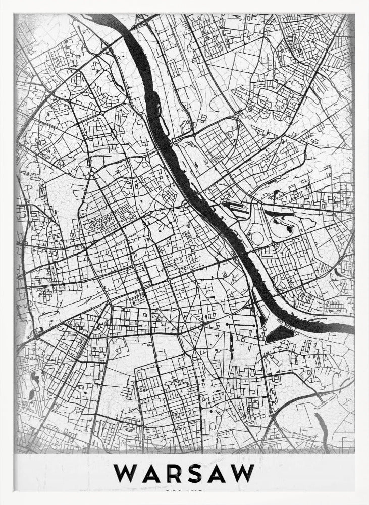 A minimalist black and white street map of Warsaw, Poland, displayed in a black frame. The map details the intricate network of roads and the Vistula River, with the city's name 'WARSAW' printed in a bold, black, sans-serif font at the bottom. Print