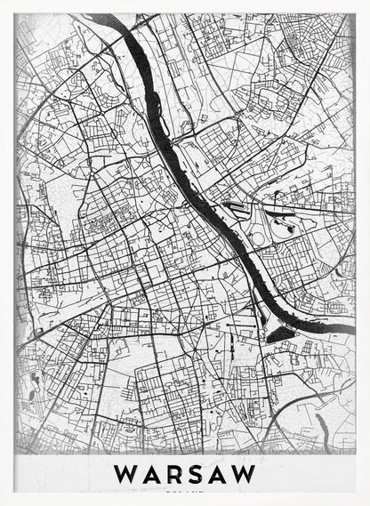 A minimalist black and white street map of Warsaw, Poland, displayed in a black frame. The map details the intricate network of roads and the Vistula River, with the city's name 'WARSAW' printed in a bold, black, sans-serif font at the bottom. Print