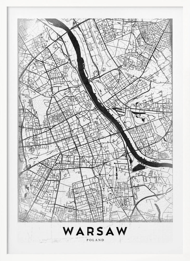 A minimalist black and white street map of Warsaw, Poland, displayed in a black frame. The map details the intricate network of roads and the Vistula River, with the city's name 'WARSAW' printed in a bold, black, sans-serif font at the bottom. Print