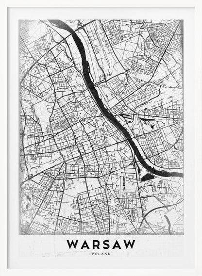 A minimalist black and white street map of Warsaw, Poland, displayed in a black frame. The map details the intricate network of roads and the Vistula River, with the city's name 'WARSAW' printed in a bold, black, sans-serif font at the bottom. Print