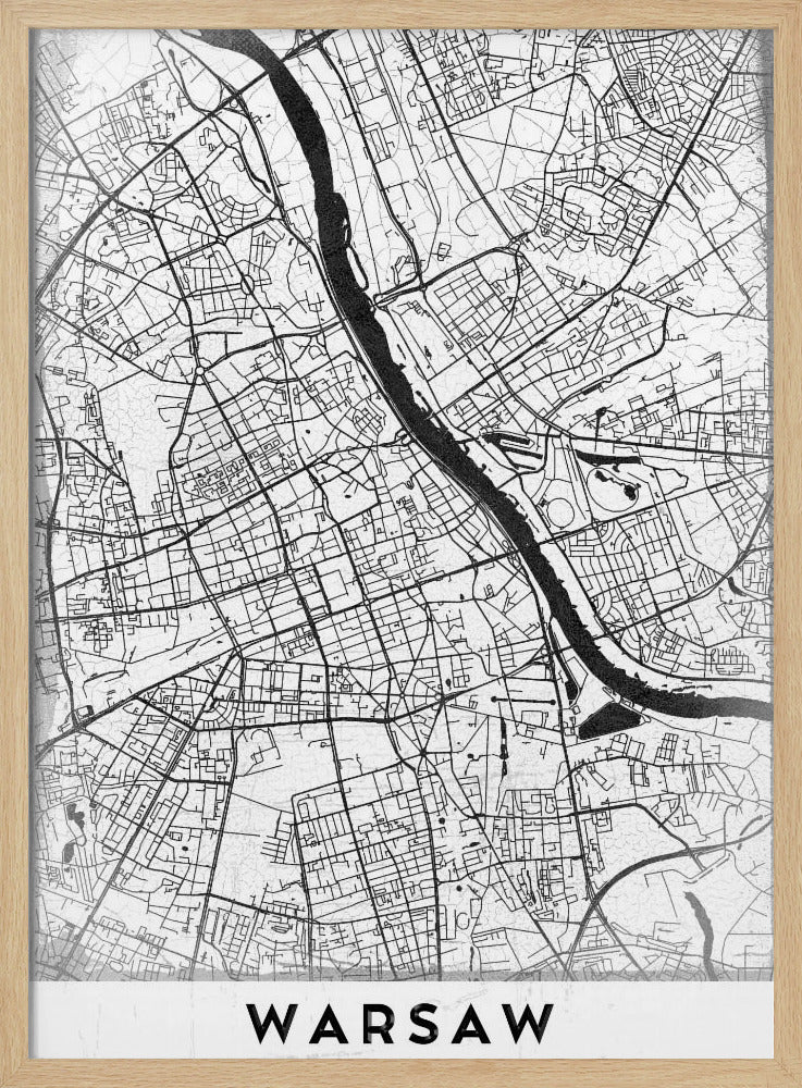 A minimalist black and white street map of Warsaw, Poland, displayed in a black frame. The map details the intricate network of roads and the Vistula River, with the city's name 'WARSAW' printed in a bold, black, sans-serif font at the bottom. Print