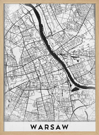 A minimalist black and white street map of Warsaw, Poland, displayed in a black frame. The map details the intricate network of roads and the Vistula River, with the city's name 'WARSAW' printed in a bold, black, sans-serif font at the bottom. Print