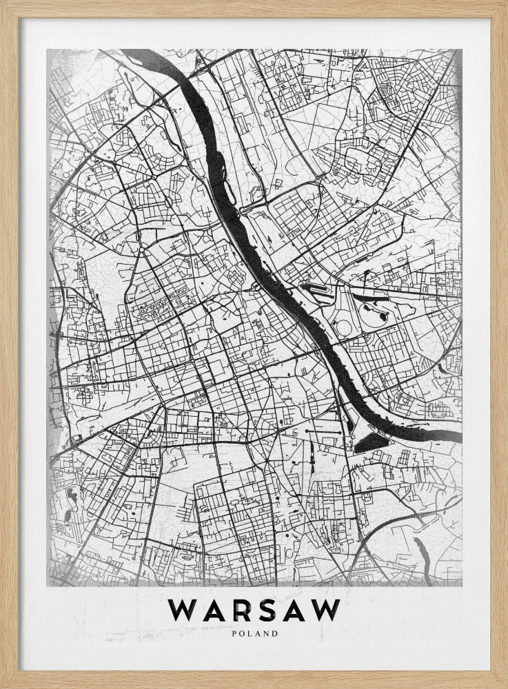 A minimalist black and white street map of Warsaw, Poland, displayed in a black frame. The map details the intricate network of roads and the Vistula River, with the city's name 'WARSAW' printed in a bold, black, sans-serif font at the bottom. Print