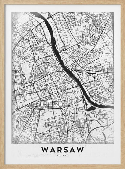 A minimalist black and white street map of Warsaw, Poland, displayed in a black frame. The map details the intricate network of roads and the Vistula River, with the city's name 'WARSAW' printed in a bold, black, sans-serif font at the bottom. Print