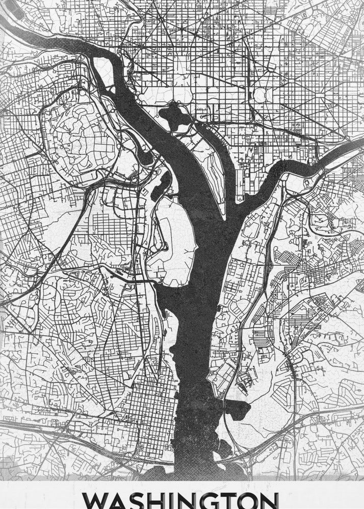 A modern, minimalist black and white map of Washington, D.C., presented as a framed poster. The Potomac and Anacostia rivers are shown in solid black, contrasting with the intricate thin black lines of the city's street grid on a white textured background. The word 'WASHINGTON' is centered at the bottom in bold black text. Artwork