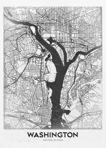 A modern, minimalist black and white map of Washington, D.C., presented as a framed poster. The Potomac and Anacostia rivers are shown in solid black, contrasting with the intricate thin black lines of the city's street grid on a white textured background. The word 'WASHINGTON' is centered at the bottom in bold black text. Artwork