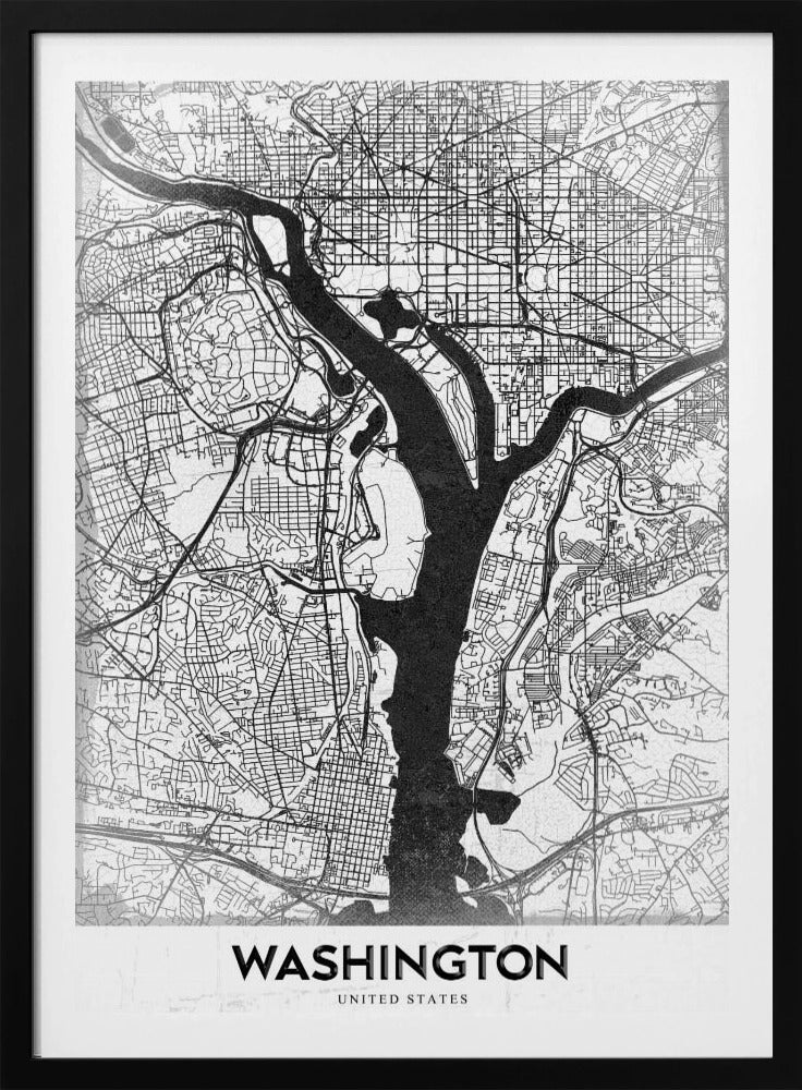 A modern, minimalist black and white map of Washington, D.C., presented as a framed poster. The Potomac and Anacostia rivers are shown in solid black, contrasting with the intricate thin black lines of the city's street grid on a white textured background. The word 'WASHINGTON' is centered at the bottom in bold black text. Artwork