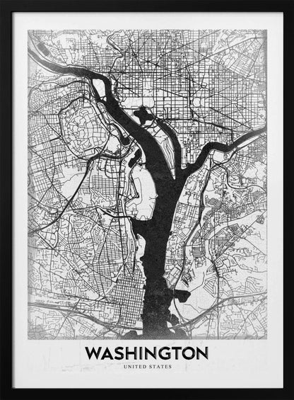 A modern, minimalist black and white map of Washington, D.C., presented as a framed poster. The Potomac and Anacostia rivers are shown in solid black, contrasting with the intricate thin black lines of the city's street grid on a white textured background. The word 'WASHINGTON' is centered at the bottom in bold black text. Artwork