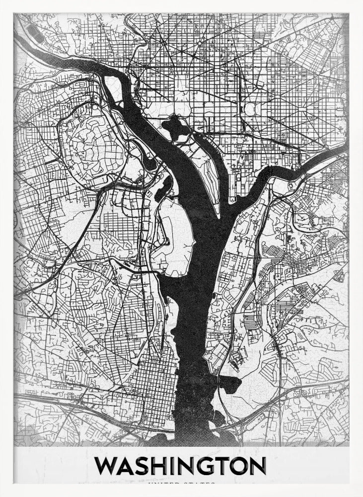 A modern, minimalist black and white map of Washington, D.C., presented as a framed poster. The Potomac and Anacostia rivers are shown in solid black, contrasting with the intricate thin black lines of the city's street grid on a white textured background. The word 'WASHINGTON' is centered at the bottom in bold black text. Artwork