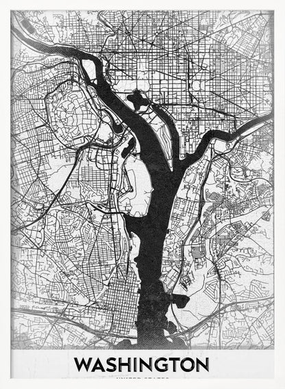 A modern, minimalist black and white map of Washington, D.C., presented as a framed poster. The Potomac and Anacostia rivers are shown in solid black, contrasting with the intricate thin black lines of the city's street grid on a white textured background. The word 'WASHINGTON' is centered at the bottom in bold black text. Artwork