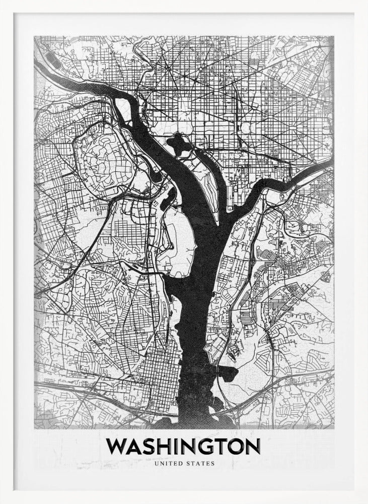 A modern, minimalist black and white map of Washington, D.C., presented as a framed poster. The Potomac and Anacostia rivers are shown in solid black, contrasting with the intricate thin black lines of the city's street grid on a white textured background. The word 'WASHINGTON' is centered at the bottom in bold black text. Artwork