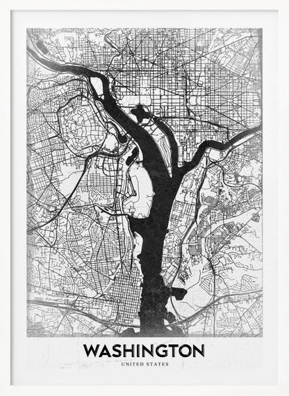 A modern, minimalist black and white map of Washington, D.C., presented as a framed poster. The Potomac and Anacostia rivers are shown in solid black, contrasting with the intricate thin black lines of the city's street grid on a white textured background. The word 'WASHINGTON' is centered at the bottom in bold black text. Artwork