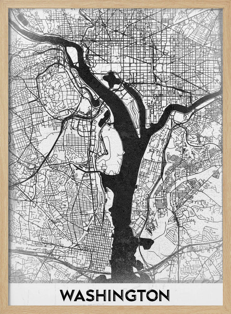 A modern, minimalist black and white map of Washington, D.C., presented as a framed poster. The Potomac and Anacostia rivers are shown in solid black, contrasting with the intricate thin black lines of the city's street grid on a white textured background. The word 'WASHINGTON' is centered at the bottom in bold black text. Artwork