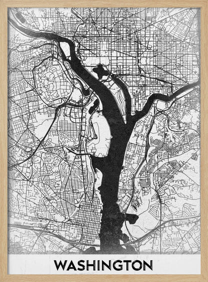 A modern, minimalist black and white map of Washington, D.C., presented as a framed poster. The Potomac and Anacostia rivers are shown in solid black, contrasting with the intricate thin black lines of the city's street grid on a white textured background. The word 'WASHINGTON' is centered at the bottom in bold black text. Artwork