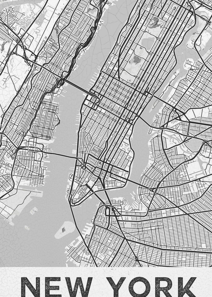 A modern, black and white map poster of New York City, featuring a detailed street grid of Manhattan and surrounding boroughs. The poster has a clean, minimalist design and is labeled 'NEW YORK' in bold capital letters at the bottom, all enclosed in a simple black frame. Poster