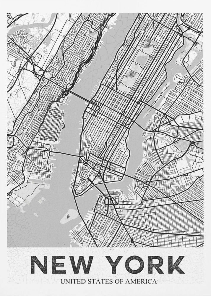 A modern, black and white map poster of New York City, featuring a detailed street grid of Manhattan and surrounding boroughs. The poster has a clean, minimalist design and is labeled 'NEW YORK' in bold capital letters at the bottom, all enclosed in a simple black frame. Poster