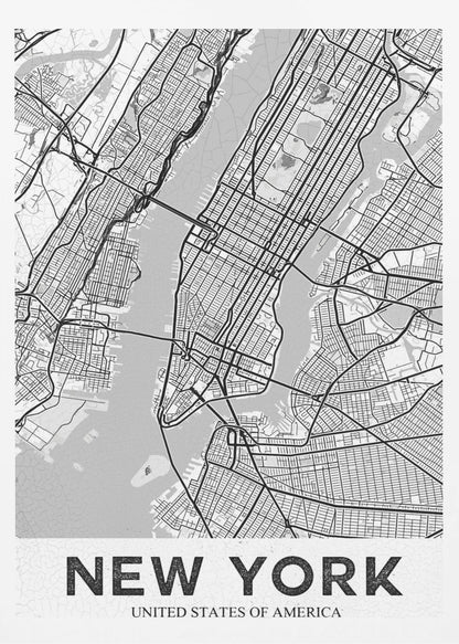 A modern, black and white map poster of New York City, featuring a detailed street grid of Manhattan and surrounding boroughs. The poster has a clean, minimalist design and is labeled 'NEW YORK' in bold capital letters at the bottom, all enclosed in a simple black frame. Poster