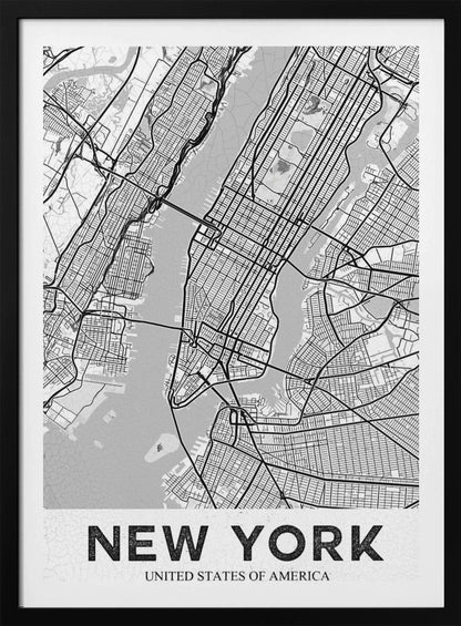 A modern, black and white map poster of New York City, featuring a detailed street grid of Manhattan and surrounding boroughs. The poster has a clean, minimalist design and is labeled 'NEW YORK' in bold capital letters at the bottom, all enclosed in a simple black frame. Poster