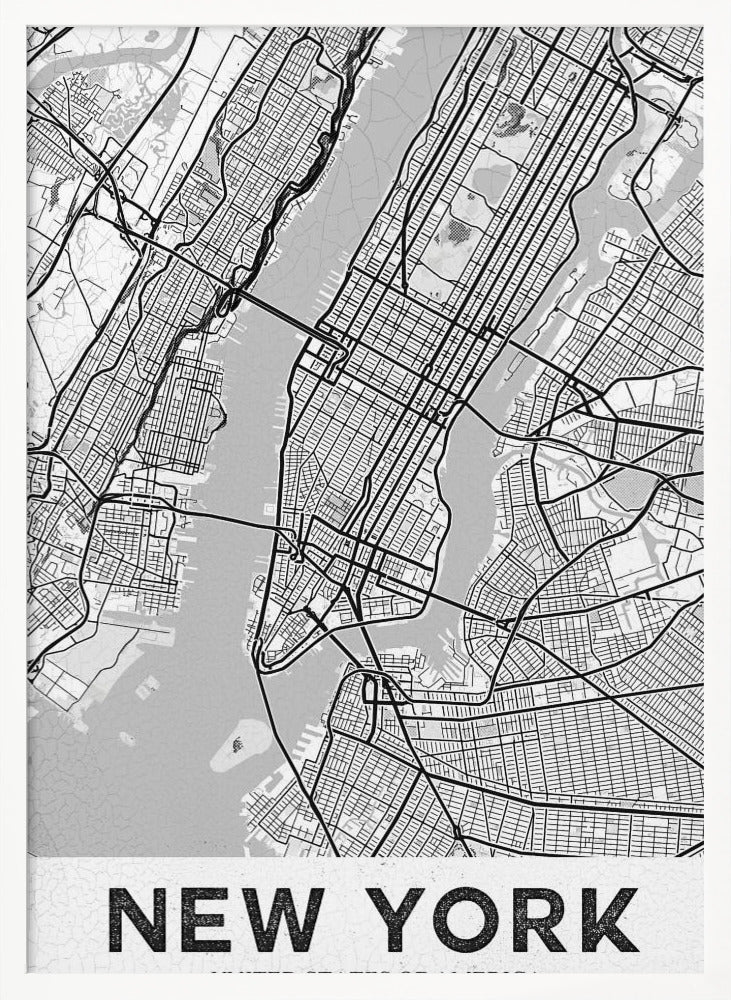 A modern, black and white map poster of New York City, featuring a detailed street grid of Manhattan and surrounding boroughs. The poster has a clean, minimalist design and is labeled 'NEW YORK' in bold capital letters at the bottom, all enclosed in a simple black frame. Poster