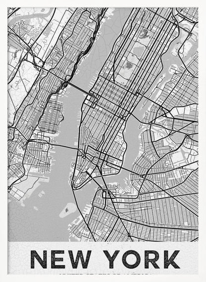 A modern, black and white map poster of New York City, featuring a detailed street grid of Manhattan and surrounding boroughs. The poster has a clean, minimalist design and is labeled 'NEW YORK' in bold capital letters at the bottom, all enclosed in a simple black frame. Poster
