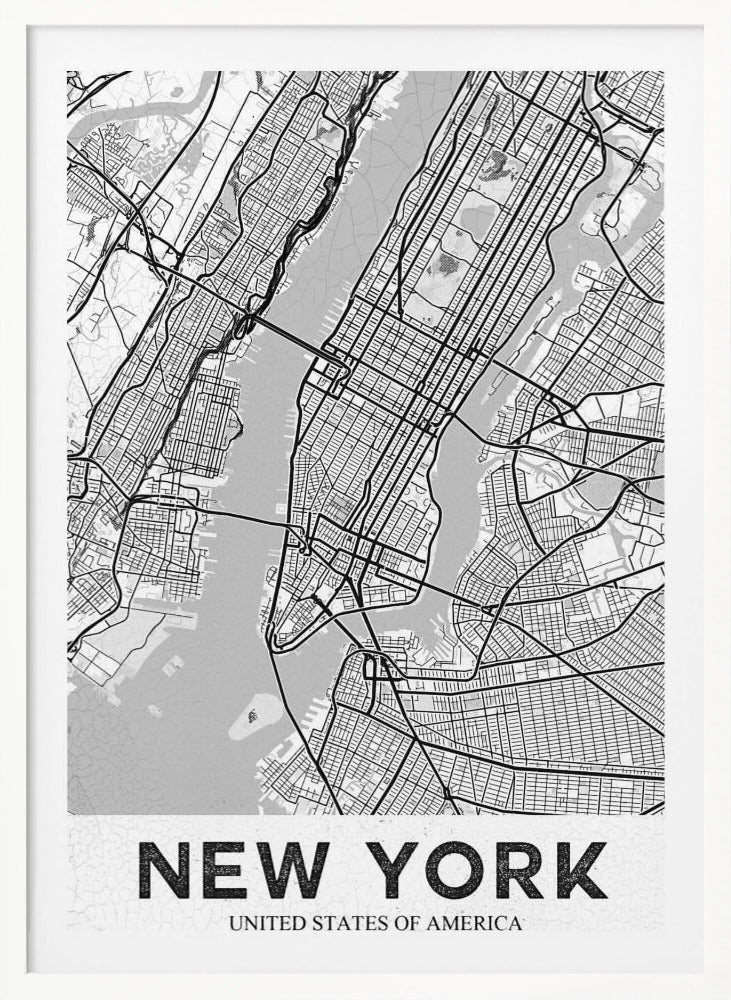 A modern, black and white map poster of New York City, featuring a detailed street grid of Manhattan and surrounding boroughs. The poster has a clean, minimalist design and is labeled 'NEW YORK' in bold capital letters at the bottom, all enclosed in a simple black frame. Poster